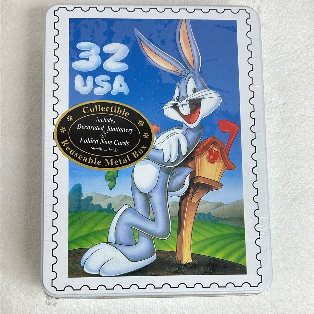 Vintage Bugs Bunny Unopened Decorated Stationery Set Reusable Tin & Stamps